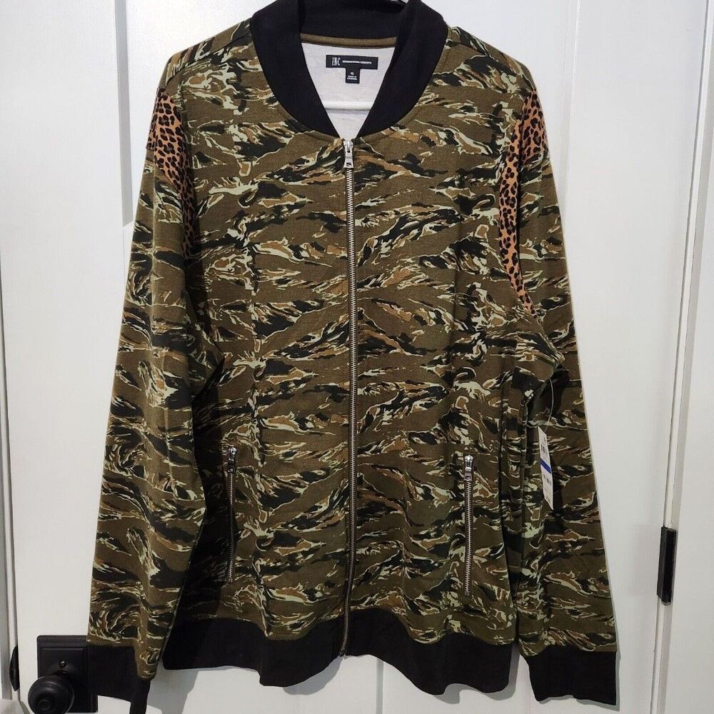 INC Leopard Trimmed Tiger Stripe Camo Zip Sweatshirt  Mens M NWT